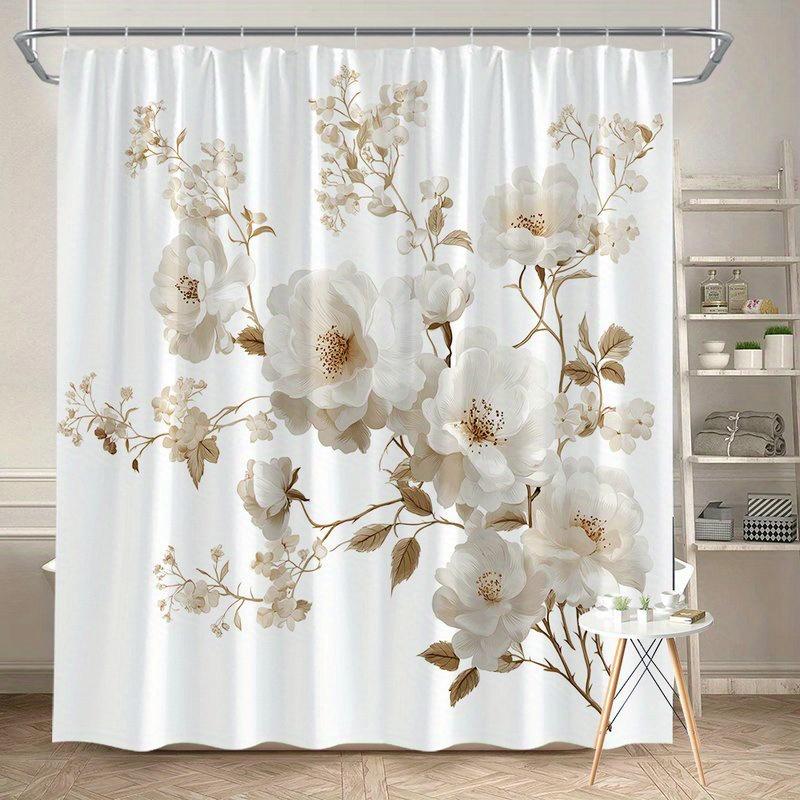 

1Pc White Floral Pattern Shower Curtain, Polyester Fabric, Machine Washable, With Hook, Suitable For Bathroom Decoration W60H190(CM)-1 Pcs