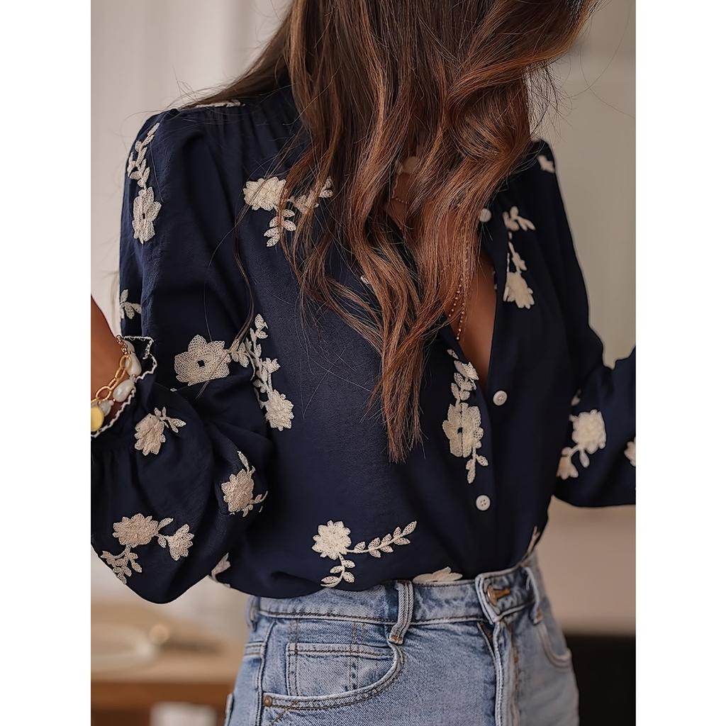 Spring Summer New Women's Embroidered Long Sleeve Chiffon Blouse European American Style Casual Elegant Ladies Top