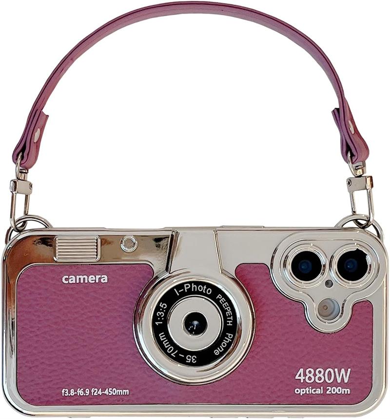 3D Vintage Camera Phone Case with Hand Strap for IPhone Air 17 16 15 14 13 12 Pro Max Plus 17Pro Shockproof Phone Leather Cover