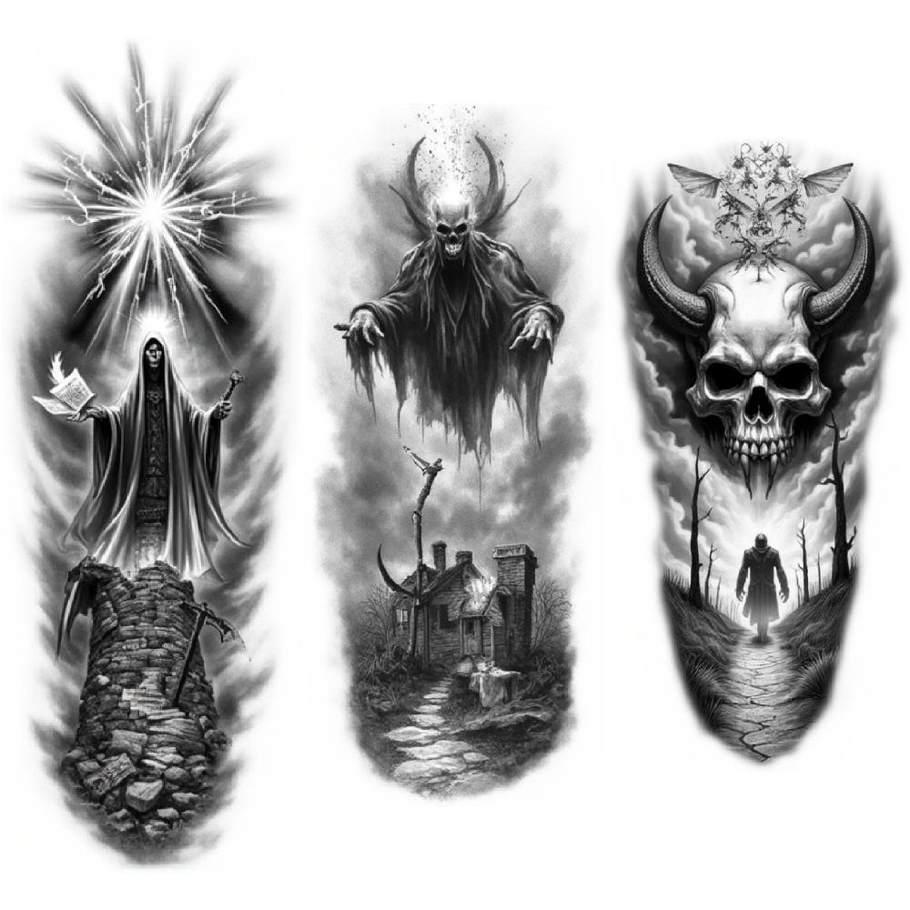 

3pcs Temporary Tattoo Black And Grey Realism Hooded Archer Skull With Horns Floating Ghost For Arms Women Thighs