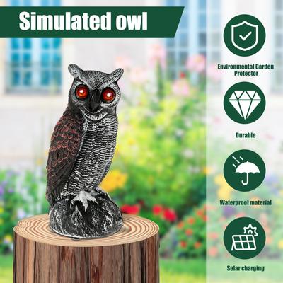 Realistic Solar Fake Owl Decoy Plastic Owl Scarecrow Sculpture with Red Flashing Eyes and Sound For Garden Yard Scare Birds Away