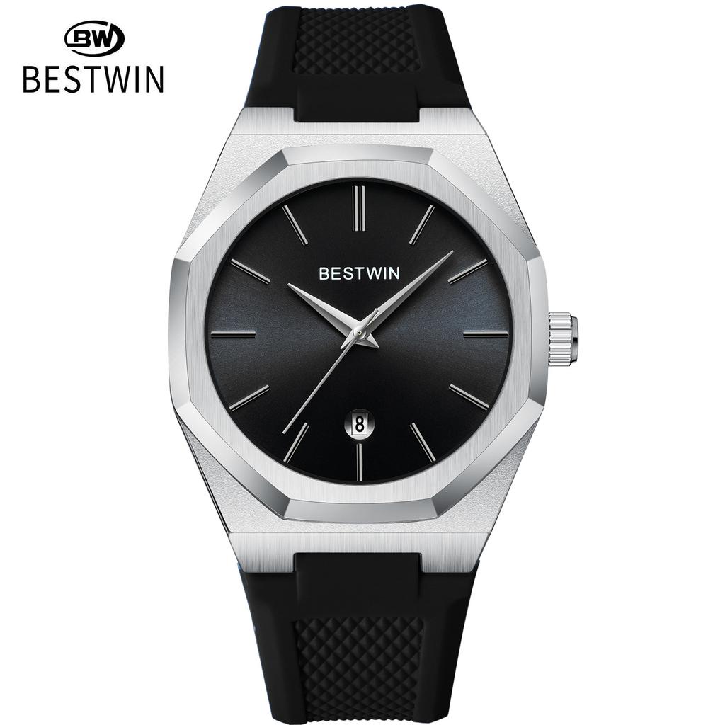 BestWin Luxury Quartz Wristwatch Silicone Strap Reloj Hombre Sport Watch For Man Fashion Date Silicone Calendar Waterproof Clock