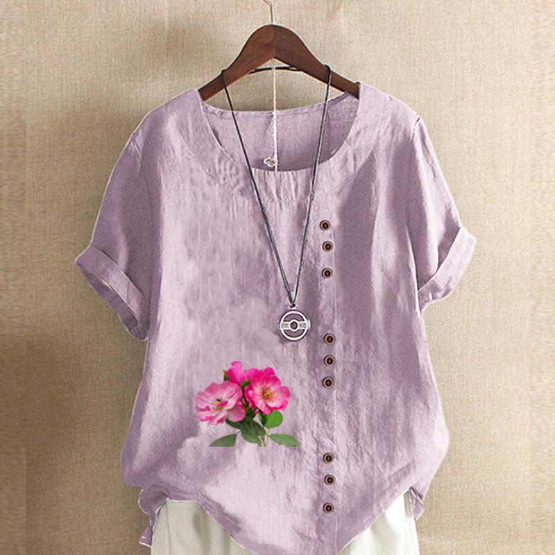 Women's Fashion Flowers Prined Round Neck Short Sleeve T-shirt Casual Cotton Linen Graphic Shirt Leisure Loose Summer Blouse Tops