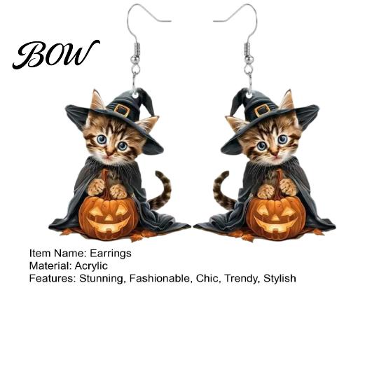 Curved Ear Hooks 1 Pair Halloween Witch Cat Earrings for Women, Acrylic Cute Hang Tag Kitten Dangle Drop with Pumpkin, Party Costume Accessories
