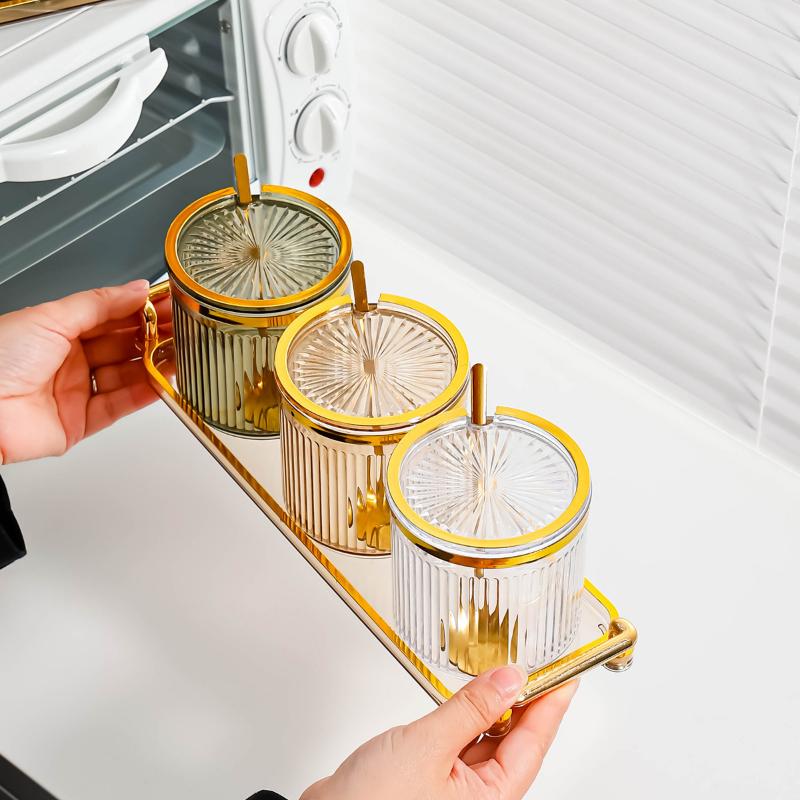 Creative Transparent Gold-plated Striped Spice Jar Spice Salt Sugar Jar with Lid Multifunctional Storage Box Storage Container