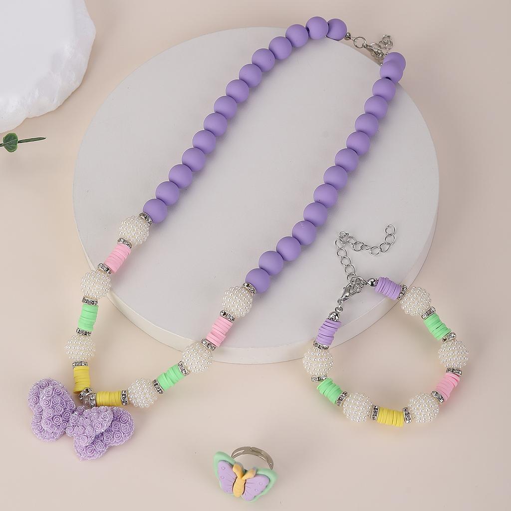 Sweet Princess Bow Necklace Bracelet Suit Candy Purple Bead Chain Children's Zircon Handmade Zircon Accessories