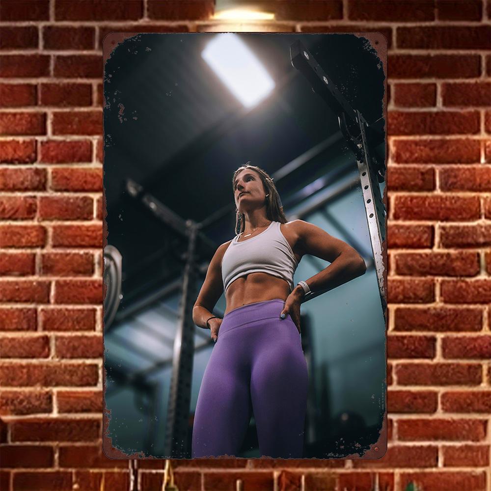 

HD Metal Tin Sign Tattooed Fitness Woman Doing LSit on Parallel Bars in Gym Wall Decor for Home Gym 20x30cm（7.8x11.8inch）