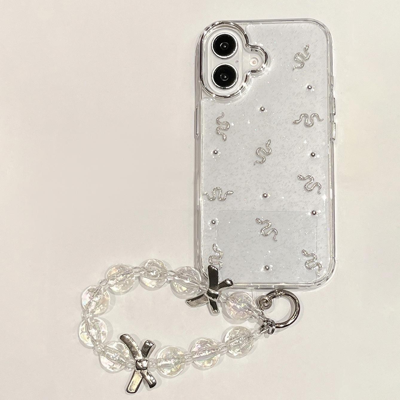 

Чехол для iPhone 16 с эпоксидным дизайном под змеиную кожу, ПК+ТПУ, чехол для телефона с ремешком на запястье White