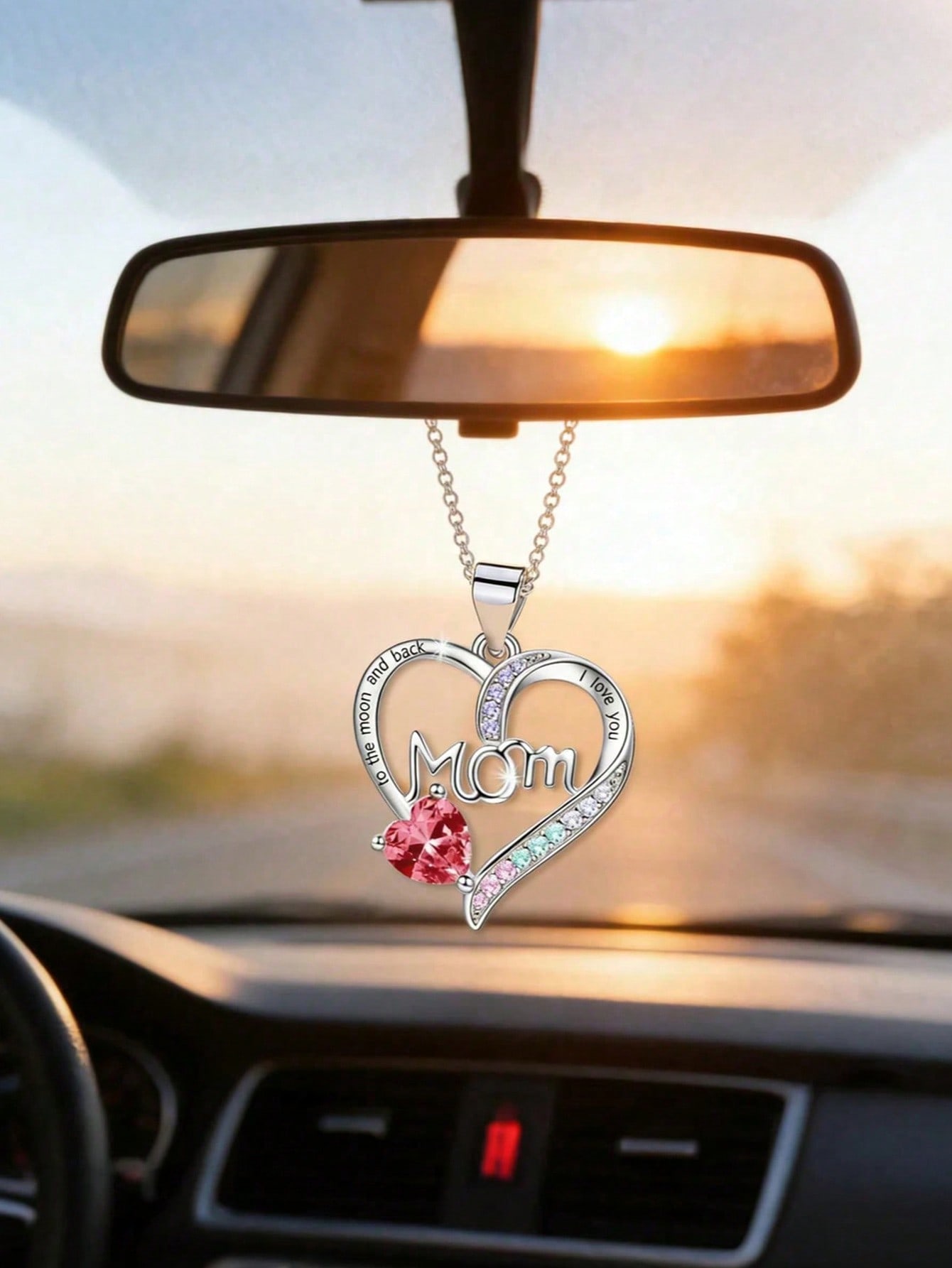 

I Love You Mom Heart Car Pendant - Double Heart Design, Necklace or Rearview Mirror Decor, Perfect Gift