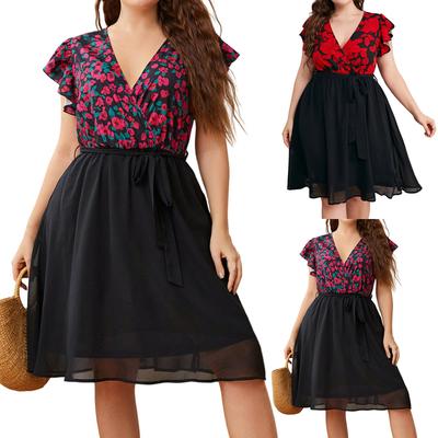 Women's Big Size Fashion Casual Loose Splicing Printed V-Neck Dresses