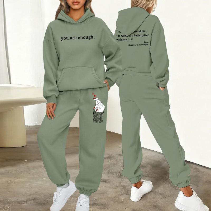 Womens Printed Letter Hooded Sweatshirt Jogger Pants Set Winter Casual Sportswear Outfit