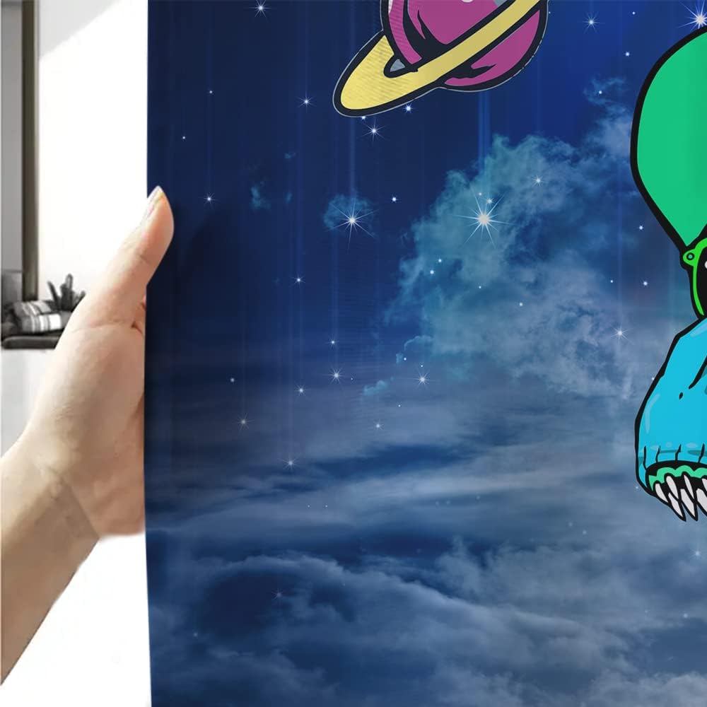 Funny Dinosaur Shower Curtain Set – Cute Unicorn Riding Dinosaur With Rainbow, Galaxy Space Design For Kids & Teens, With Hooks