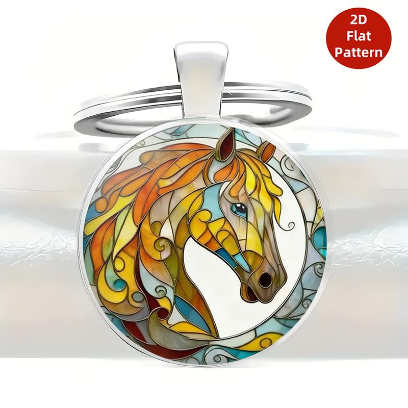 Retro Zodiac Horse Pattern Zinc Alloy Circular Keychain Car Backpack Hangings Decoration
