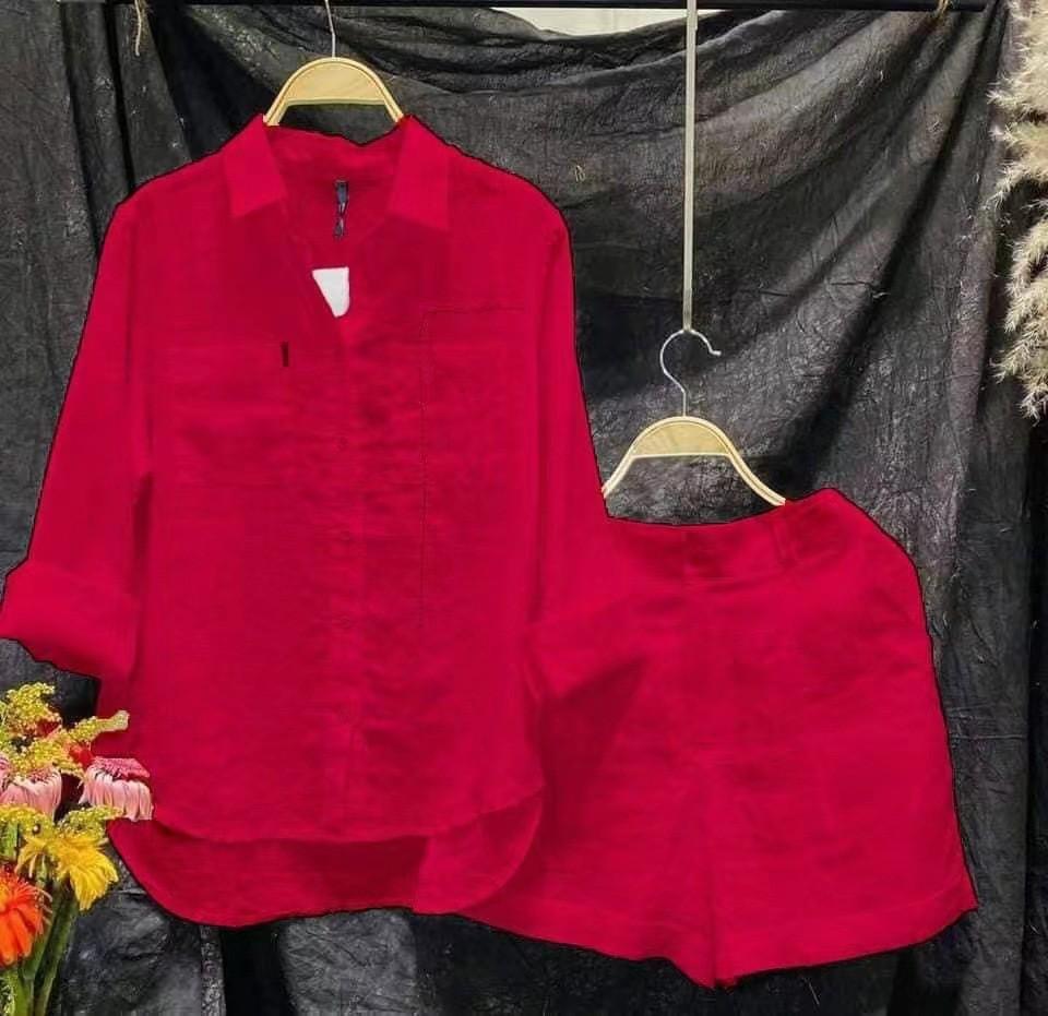 2023 Summer Women's Cotton Linen Long Sleeve Cardigan Two-Piece Set