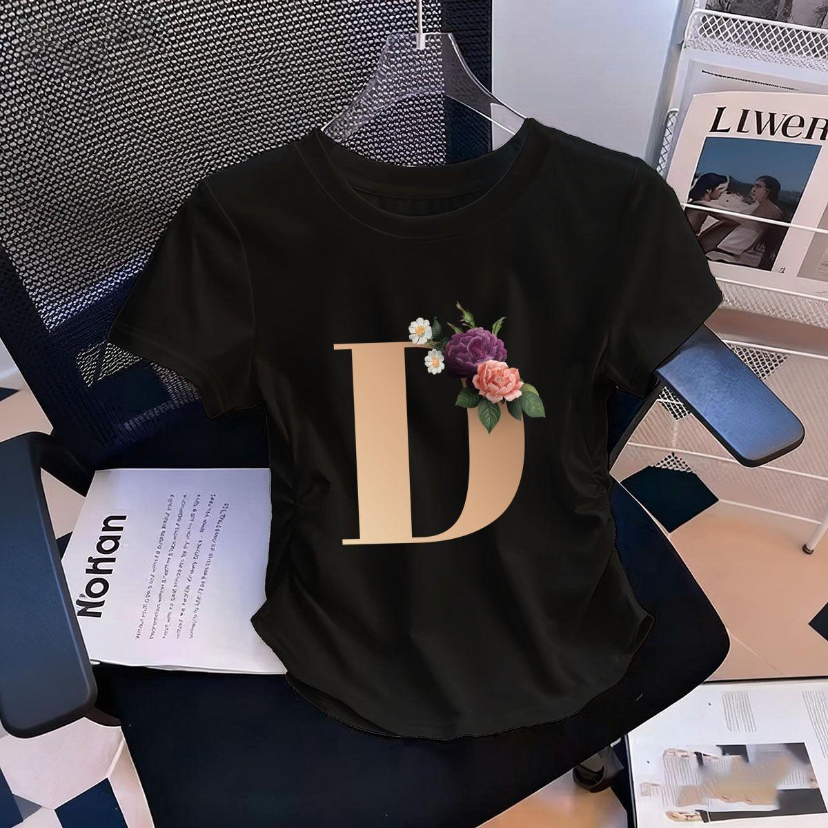 

Womens WaistDefining Elastic T Shirt Floral Letters D printed Short Sleeve Round Neck top tee Summer Outdoor tshirts XL