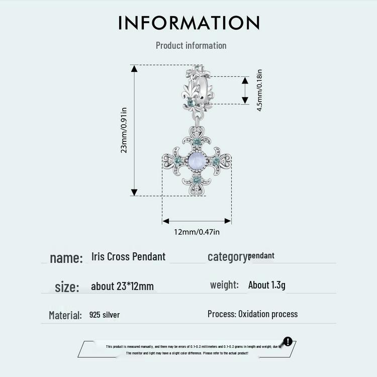 Retro Iris Cross Pendant in S925 Sterling Silver with Platinum-Plated Beads for DIY Jewelry