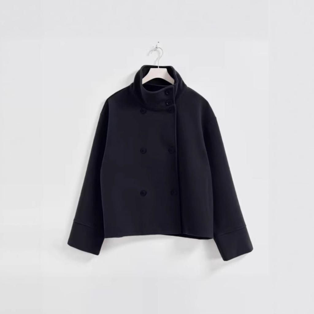 Damen Wollmantel mit Stehkragen, langen Ärmeln, lockerem Schnitt, lässige zweireihige Jacke mit Knopfleiste