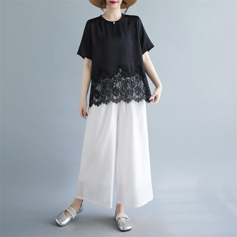 Short sleeve oversized lace patchwork vintage casual loose summer tee t shirt women t-shirt woman tshirt 2026 tops clothing