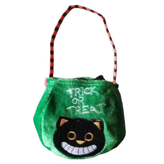 Xiaobudian Halloween Trick or Treat Bucket, 9.8x5.9 Inch Pumpkin Witch Black Cat Plush Tote Bag, Soft Candy Basket with Handle for Party Favors