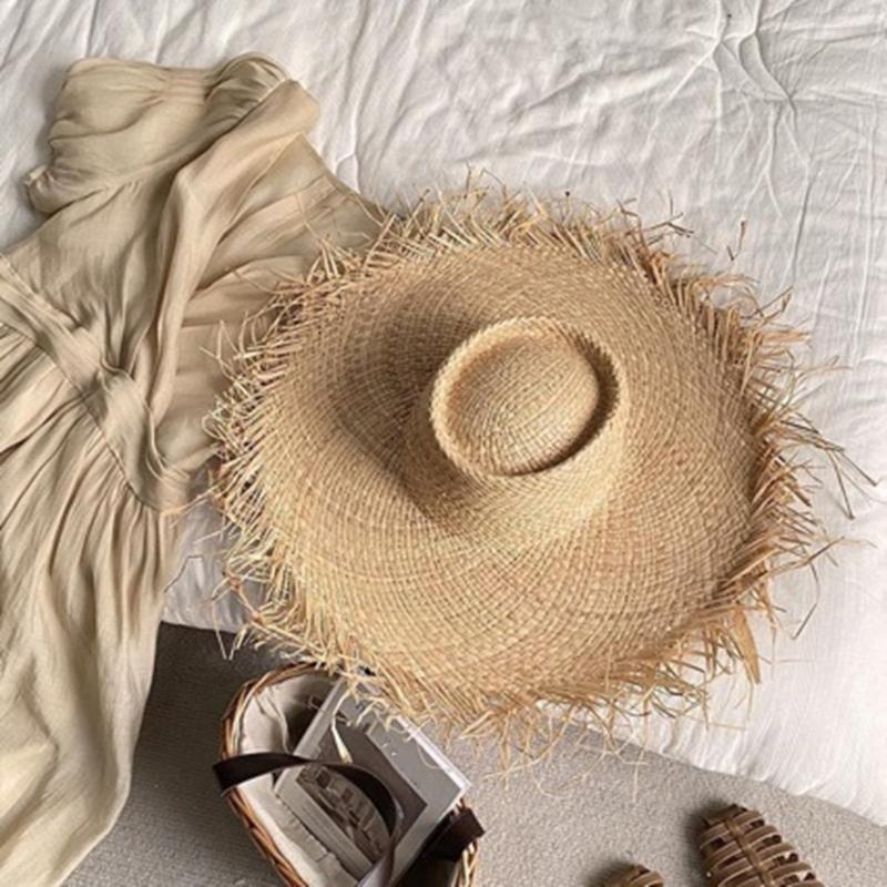 Elegant Raffia Sun Hat With Adjustable Size Breathable Weaving Straw Hat For Beach Vacation Outdoor Activity Travel Gear