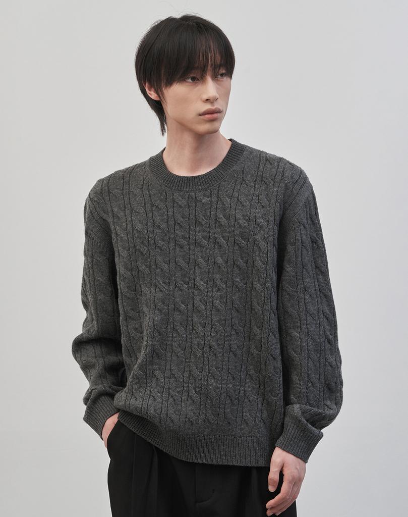 WORK ON BODY OFF Tresso Semi-Overfit Cable Long Sleeve Knit [Charcoal]