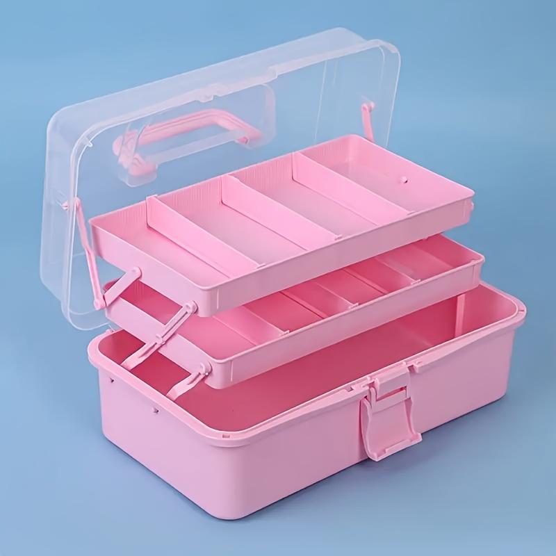 

3-ярусный регулируемый складной органайзер для рукоделия - Прочный пластиковый контейнер для хранения с прозрачной крышкой для художественных принадлежностей, инструментов, лекарств, шитья и живописи розовый
