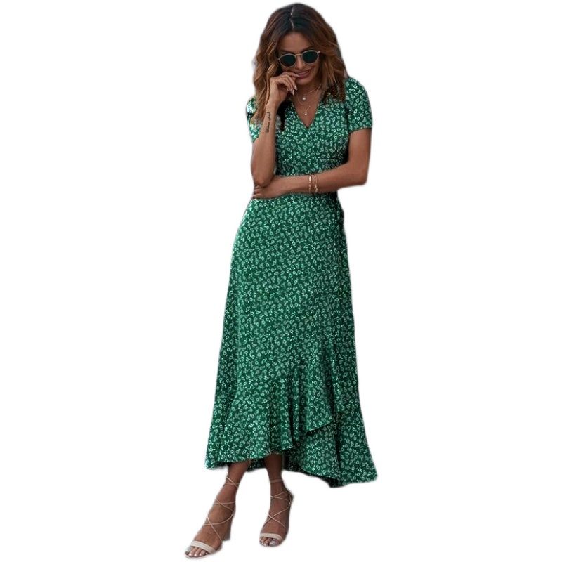 Sweet Young Summer New V-neck Little Floral Tight Waist Shoelace Asymmetrical Ruffled Short Sleeves Dress Dress