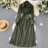 Vintage Spring Autumn Women Dress French Turn-down Collar Full Sleeve Solid Color A-line Female Long Shirt Dresses