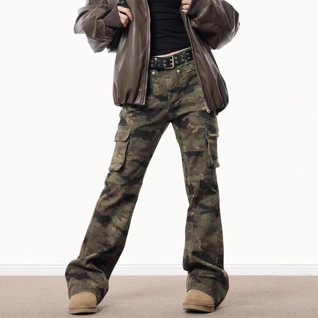 Unisex American Retro Camo Slim Fit Multi-Pocket Jeans with Micro Flare