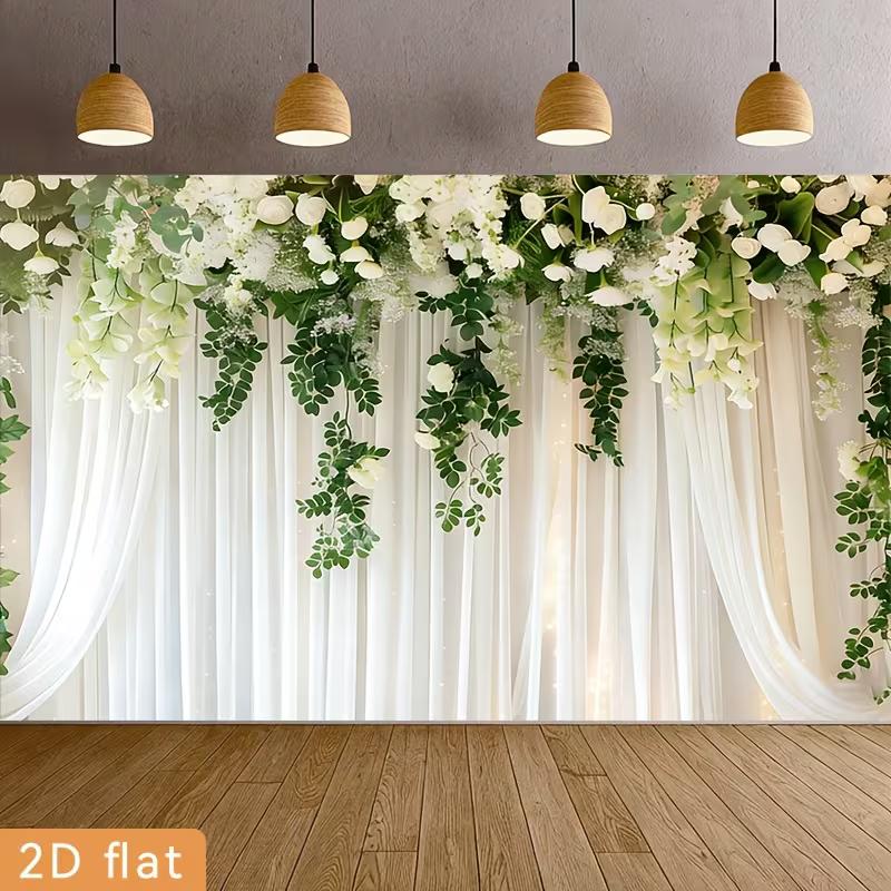 Dwuwymiarowe Eleganckie Tło z Zielenią i Białymi Kwiatami do Fotobudki