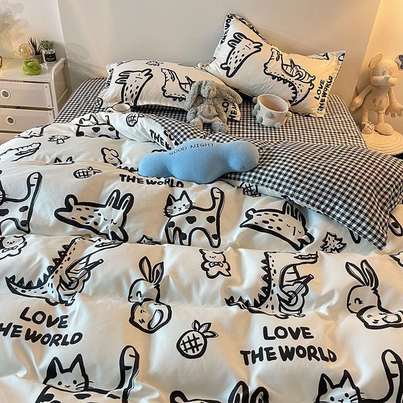Three-piece Set Korean Girl Heart Cute Rabbit Berry Four-piece Set Simple Checkerboard Bed Sheet Blue Quilt Cover
