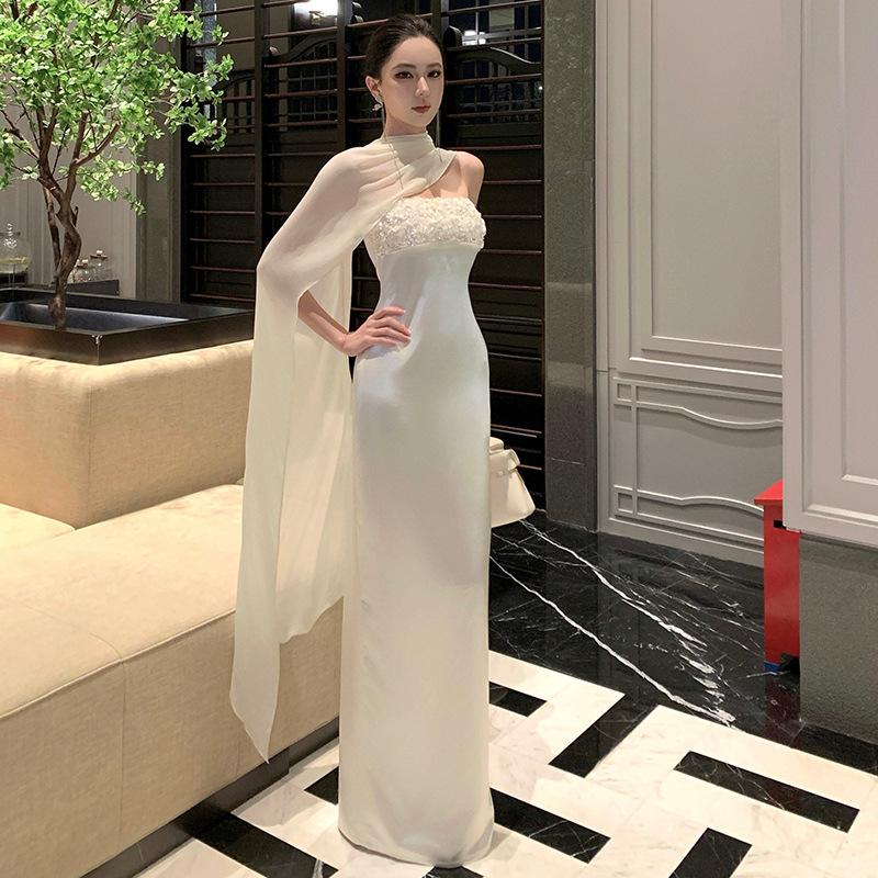 White one-word shoulder tube top dress women's senior sense socialite evening dress heavy industry sequined satin sense hip wrap dress