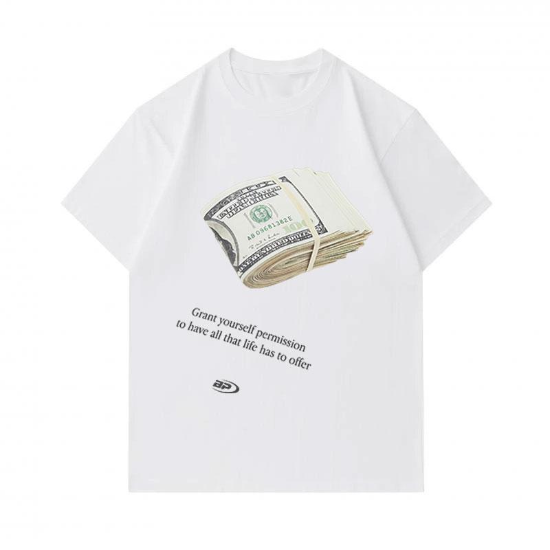 100% Cotton Men's Crew Neck Short Sleeve T-Shirt, Stacked Dollars Pattern Print, Grant Yourself Permission Graphic Casual Comfortable Tee for Daily We