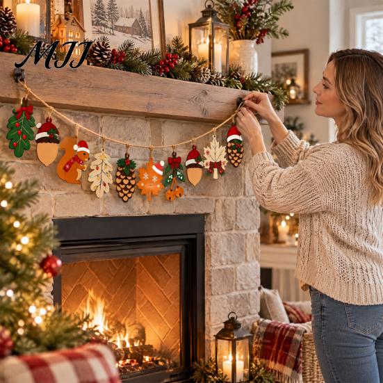 Rustic Holiday Room Decor Christmas Forest Theme Pendant, Wooden Hanging Ornaments with Squirrels Acorns and Pine Farmhouse Decorations Cones,