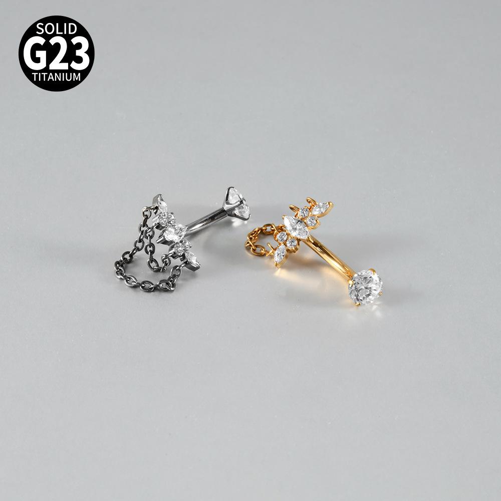New G23 Titanium Chain-style Umbilical Ring Internal Threading Electroplated Marquise-cut Zircon Piercing Body