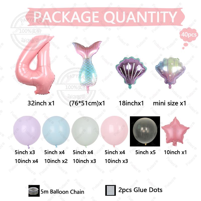 40pcs Gradient Mermaid Tail Shell Balloon 32inch Pink Numbers 1-9 Birthday Balloon Set Ocean Themed Party Decoration Photo Props