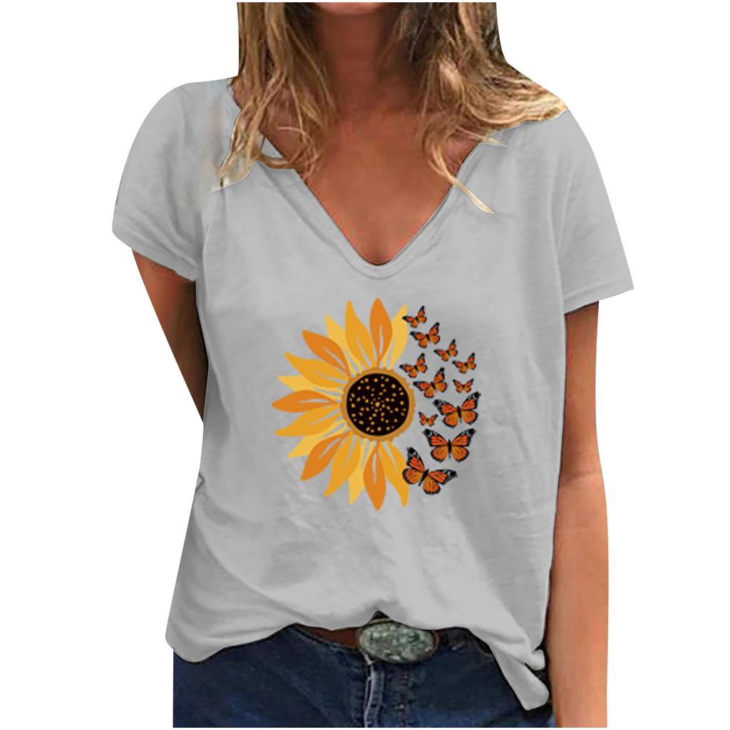 Fashion Spring Sunflower Print Blouses Short Sleeved V-Neck T Shirts Casual