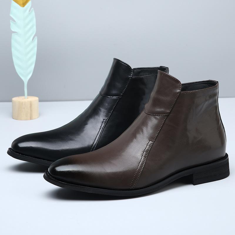 Fashion 2025 New Designer British-style Chelsea Boots for Men Solid Color Side Zipper Pointed Toe High-top Cow Leather Shoes Boots Man