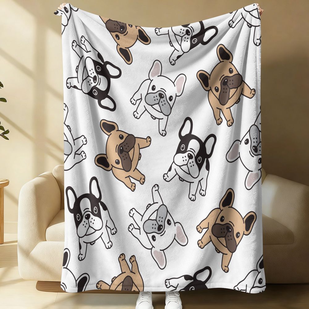Cute French Bulldog Print Flannel Blanket Soft Warm Throw Blanket for Couch Bed Sofa Kids Pet Gift Blanket Home Decor 75X95CM
