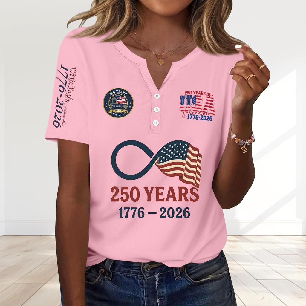 Women's Fashion Casual 250th Anniversary Independence Day Print V-Neck Short Sleeve Decorated Button-Up T-Shirt
