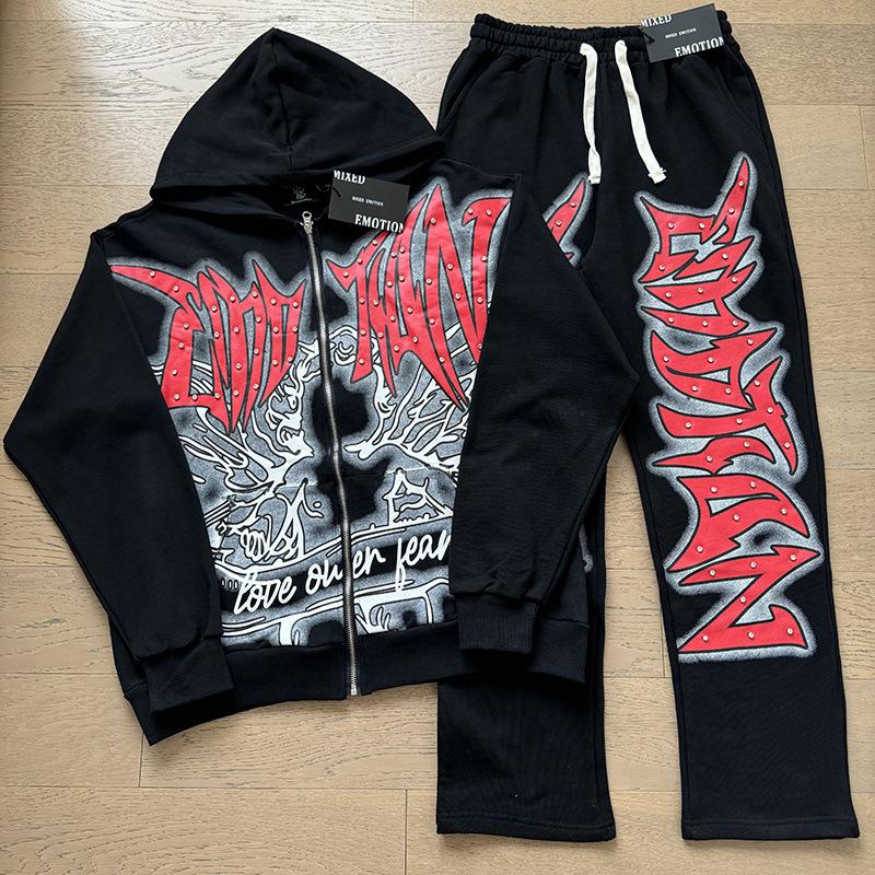 Unisex Rhinestone Zipper Hooded Cardigan & Sweatpants Set with Letter Print.