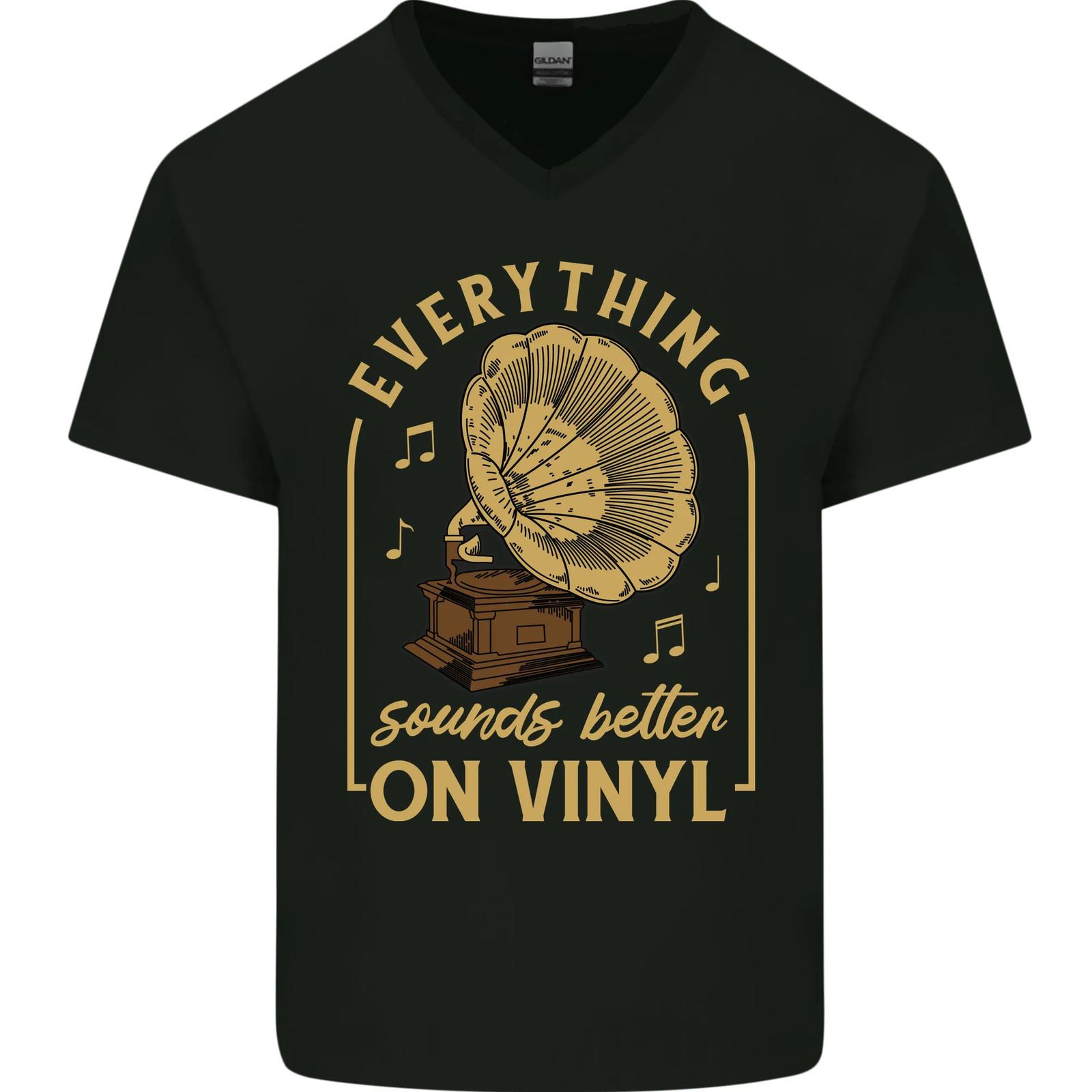 Music Sounds Better on Vinyl Records LP DJ Mens VNeck Cotton T-shirt S
