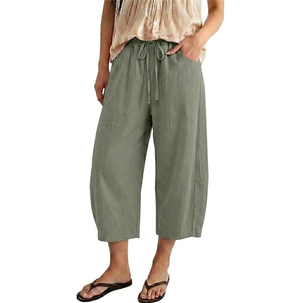 Women's Short Linen Flared Pants With Drawstring, Wide-Leg Cotton Cropped Pants