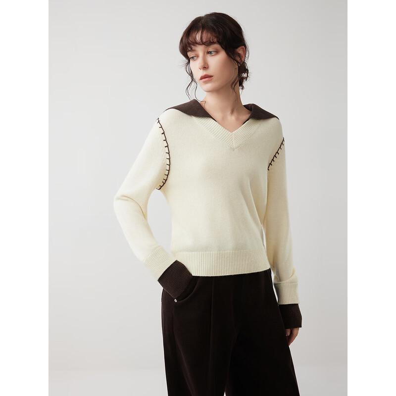 

ELLE Women s Relaxed Fit Color-Block Wool Blend Lapel Sweater S
