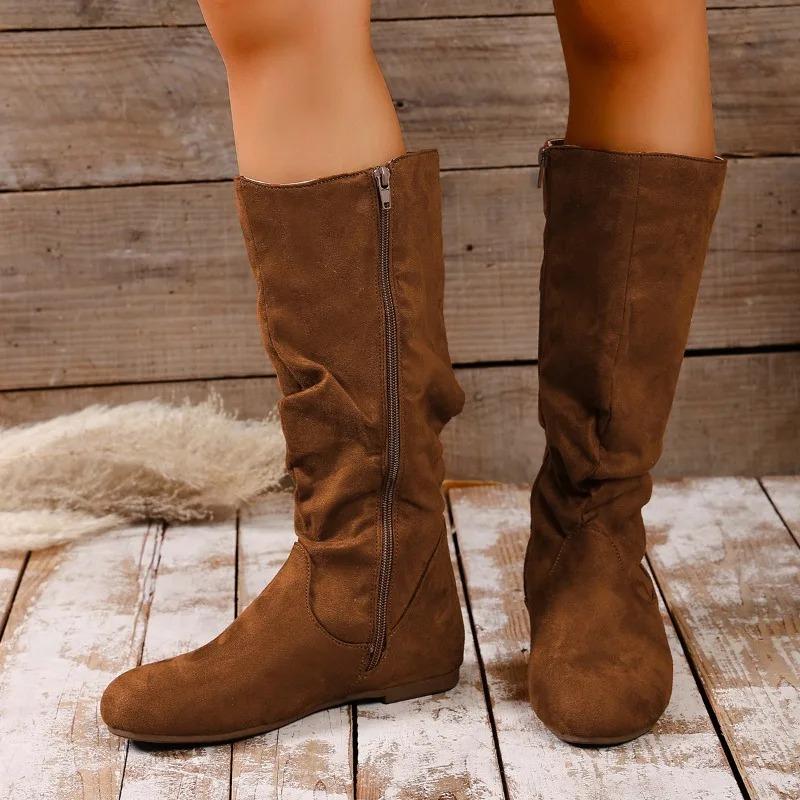 Invierno Nueva Moda Cremallera Lateral Botas Altas Retro Ante Suela Blanda Antideslizante Botas de Moda