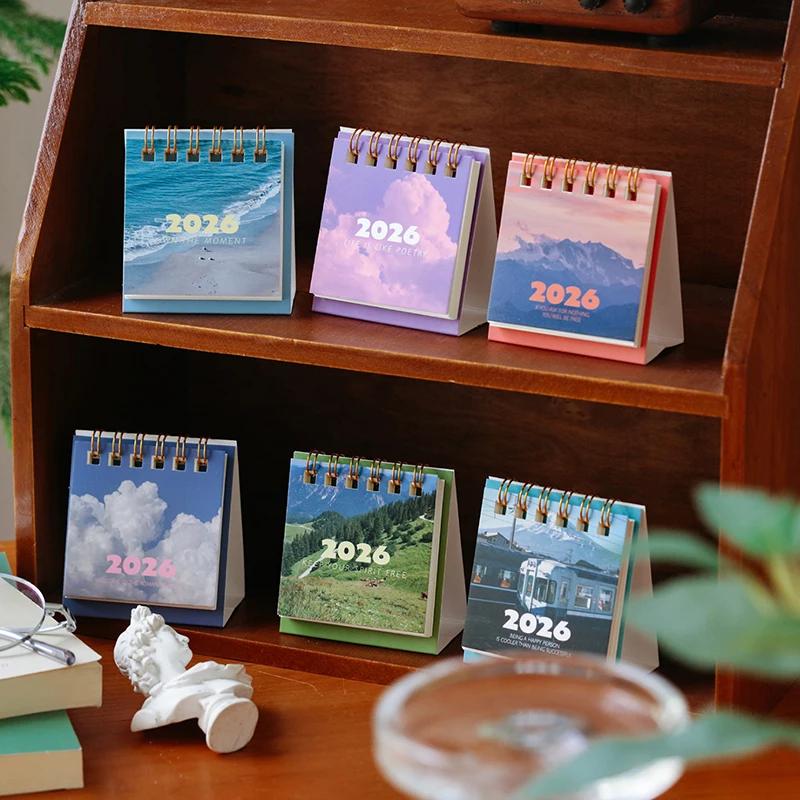 Calendário de Mesa Mini Paisagem 2026 Criativo Espiral Planejador Decoração de Mesa Papelaria de Escritório