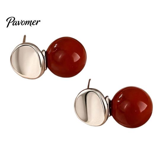 Elegant Jewelry for Women 1 Pair Red Bead Round Stud Earrings, Minimalist Light Luxury Birthday Gifts Her Earrings Women, Polished Silver Disc