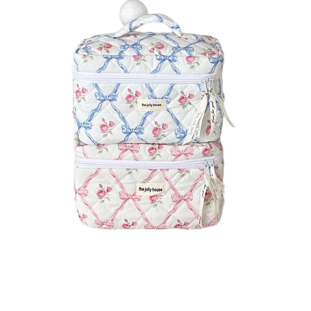 Large Quilted Bow Cosmetic Bag: Women's Portable Toiletry & Skincare Storage for Travel