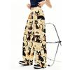 Women's fashion casual wide-leg pants cartoon black cat print slogan trousers drawstring elastic waist sweatpants