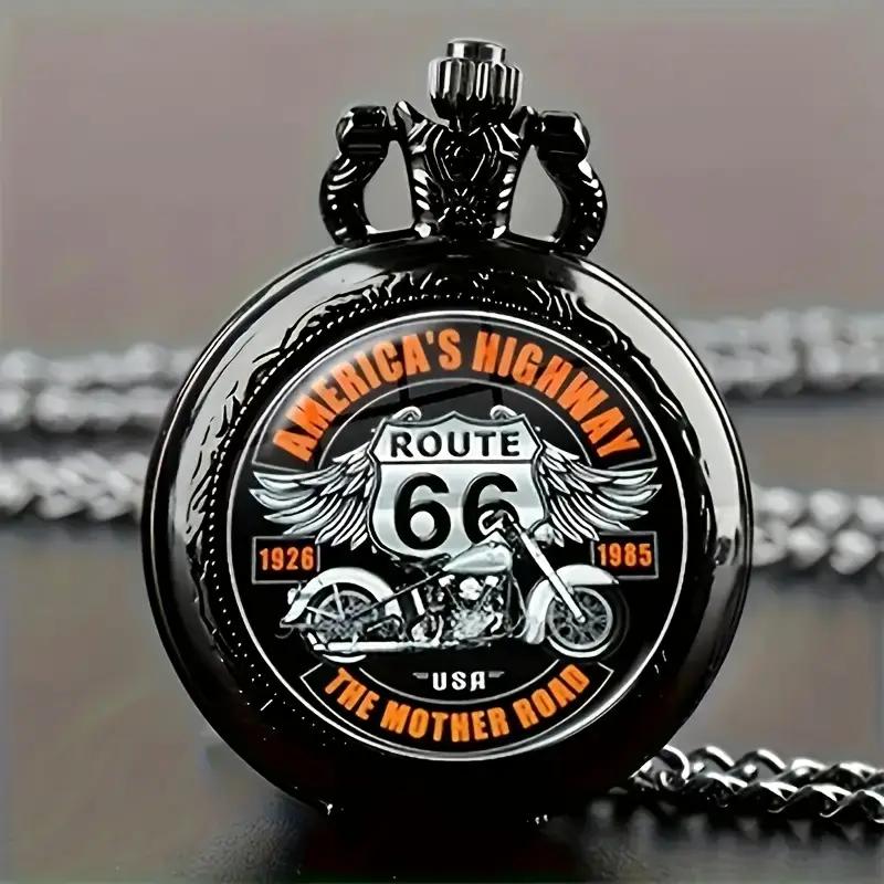 

Изысканные крутые мотоциклы Route 66 Дизайн карманных часов с узором The Mother Road, часы с точным кварцевым механизмом, подарок для мальчиков чёрный